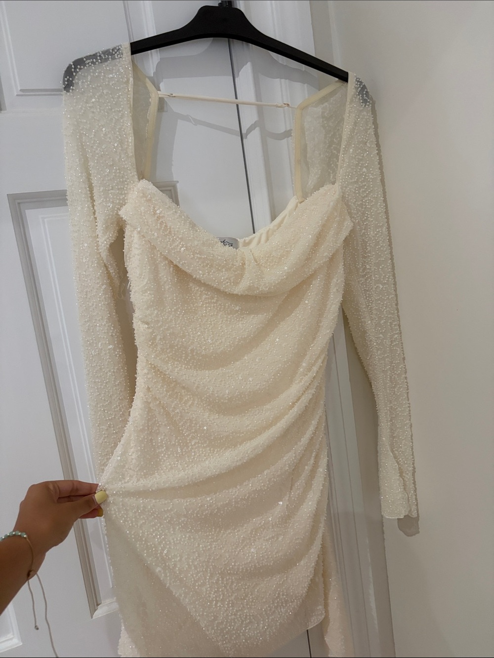 Long Sleeve Embellished Cowl Neck Mini Dress in White Size 6